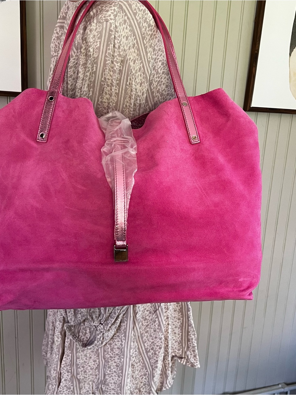 Tiffany & Co Slouchy Hot Pink Suede Reversible Metallic Large Tote Bag New